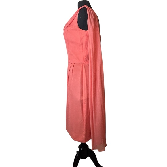 Retro Vintage 60s Coral Chiffon Draped Neckline Dress – Elegant Sleeveless Small - Picture 3 of 15